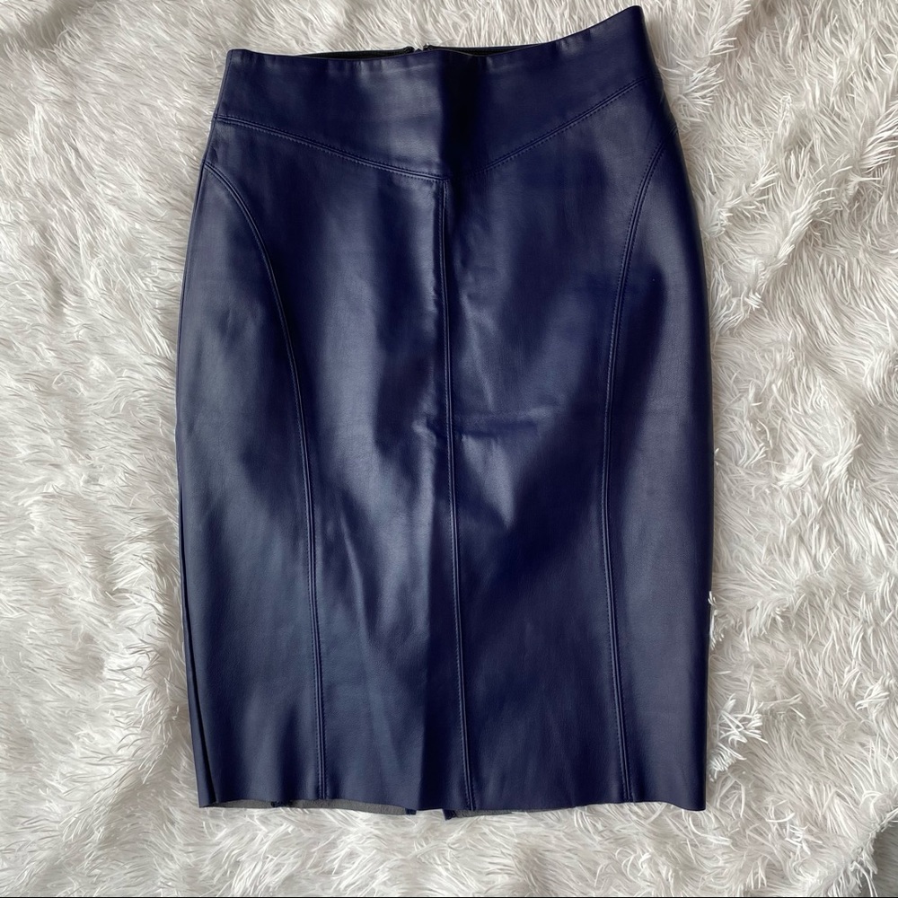 Navy Blue Faux Leather Pencil Skirt